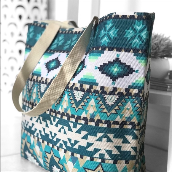 Aztec Print Green Blue Teal Summer Tote Bag - Picture 4 of 8